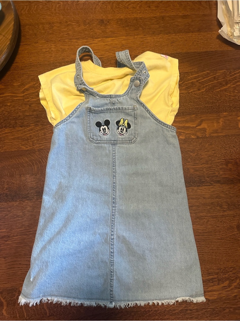 Denim Overall Dress with Mickey & Minnie Patch and Yellow Tee